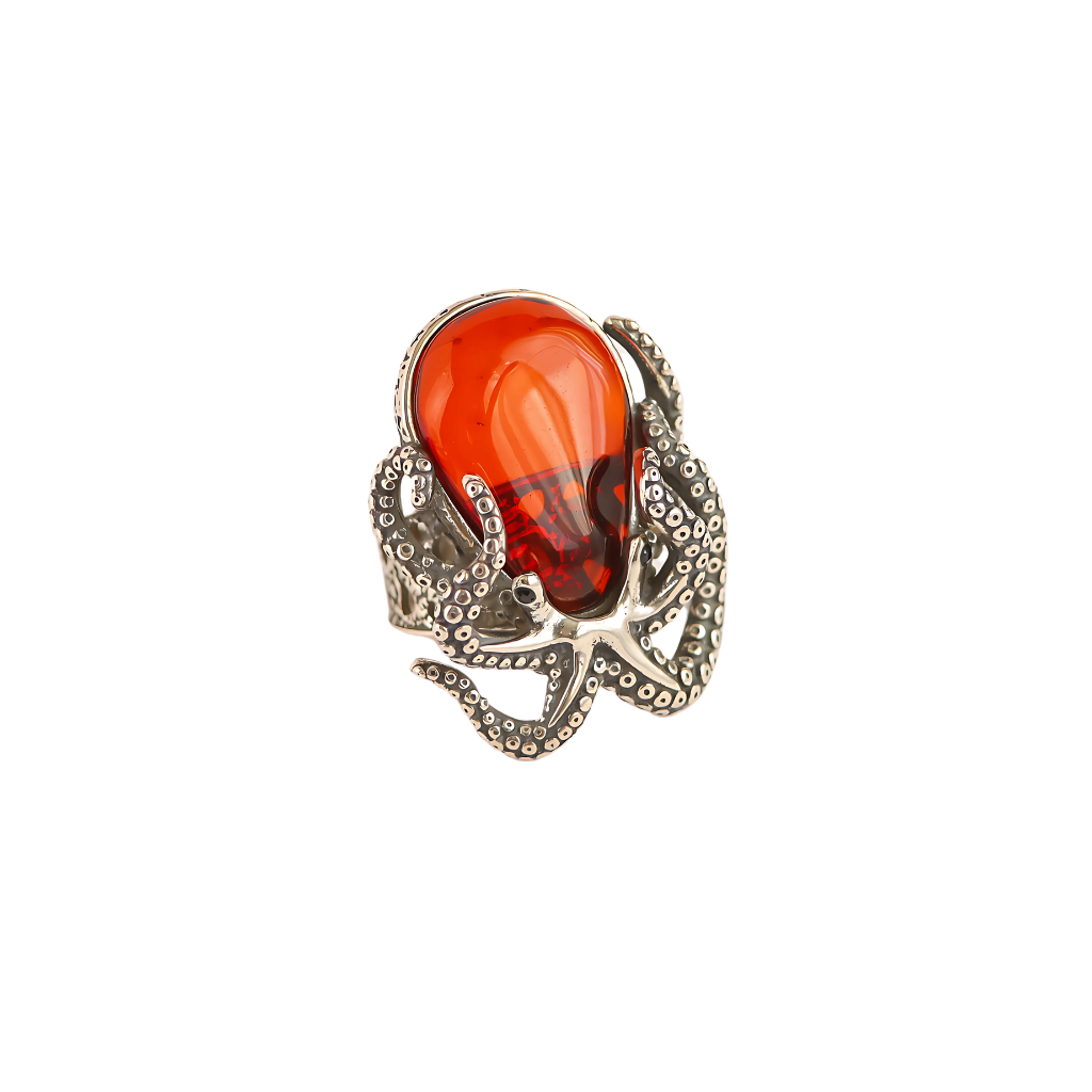 Sterling Silver Octopus Ring in 925 Sterling Silver with Baltic Cherry Amber