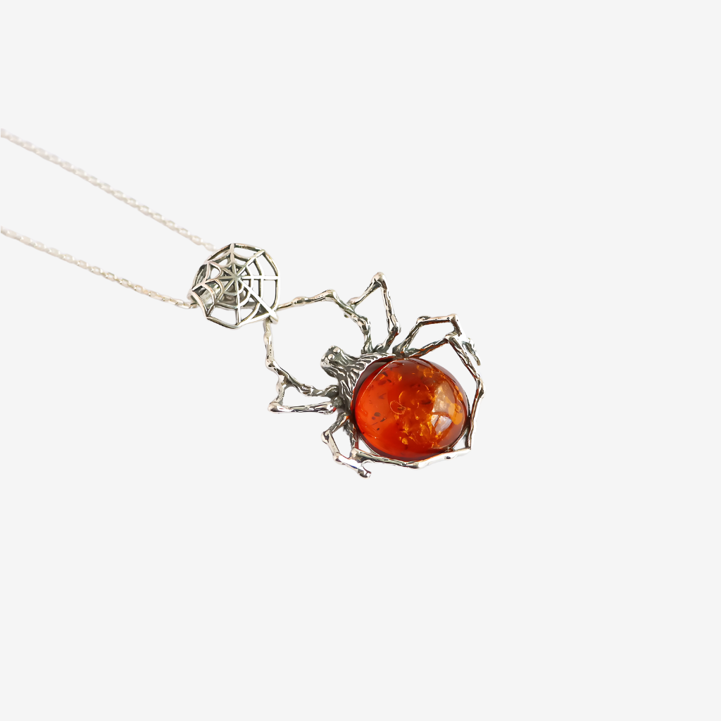 Natural Baltic Cognac Amber Spider Pendant Necklace in 925 Sterling Silver