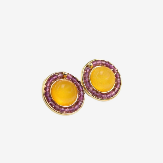 14K Gold Plated Natural Baltic Butterscotch Amber and Purple Amethyst Earrings