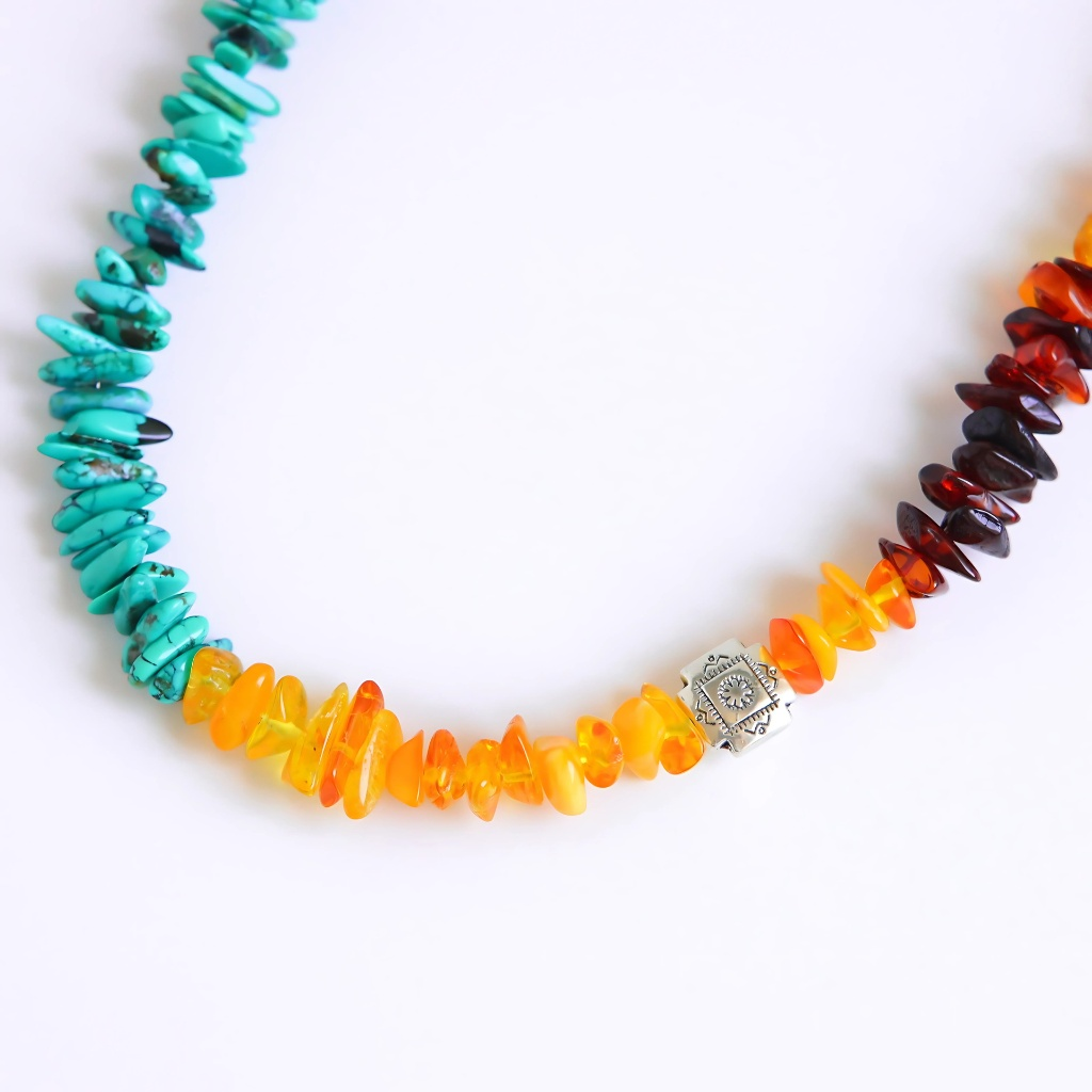 Turquoise Necklace with Baltic Amber- Southwestern Beaded Statement Piece