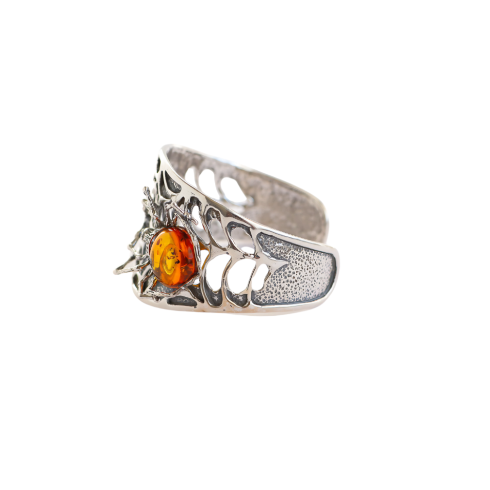 Natural Baltic Cognac Amber Brutalist Spider Cuff Bracelet in 925 Sterling Silver - Jūratė Amber Cuff Bracelet  Jūratė Amber