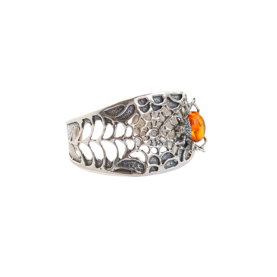 Natural Baltic Cognac Amber Brutalist Spider Cuff Bracelet in 925 Sterling Silver - Jūratė Amber Cuff Bracelet  Jūratė Amber