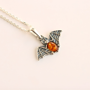Amber Necklace- Gothic Bat Pendant in 925 Sterling Silver