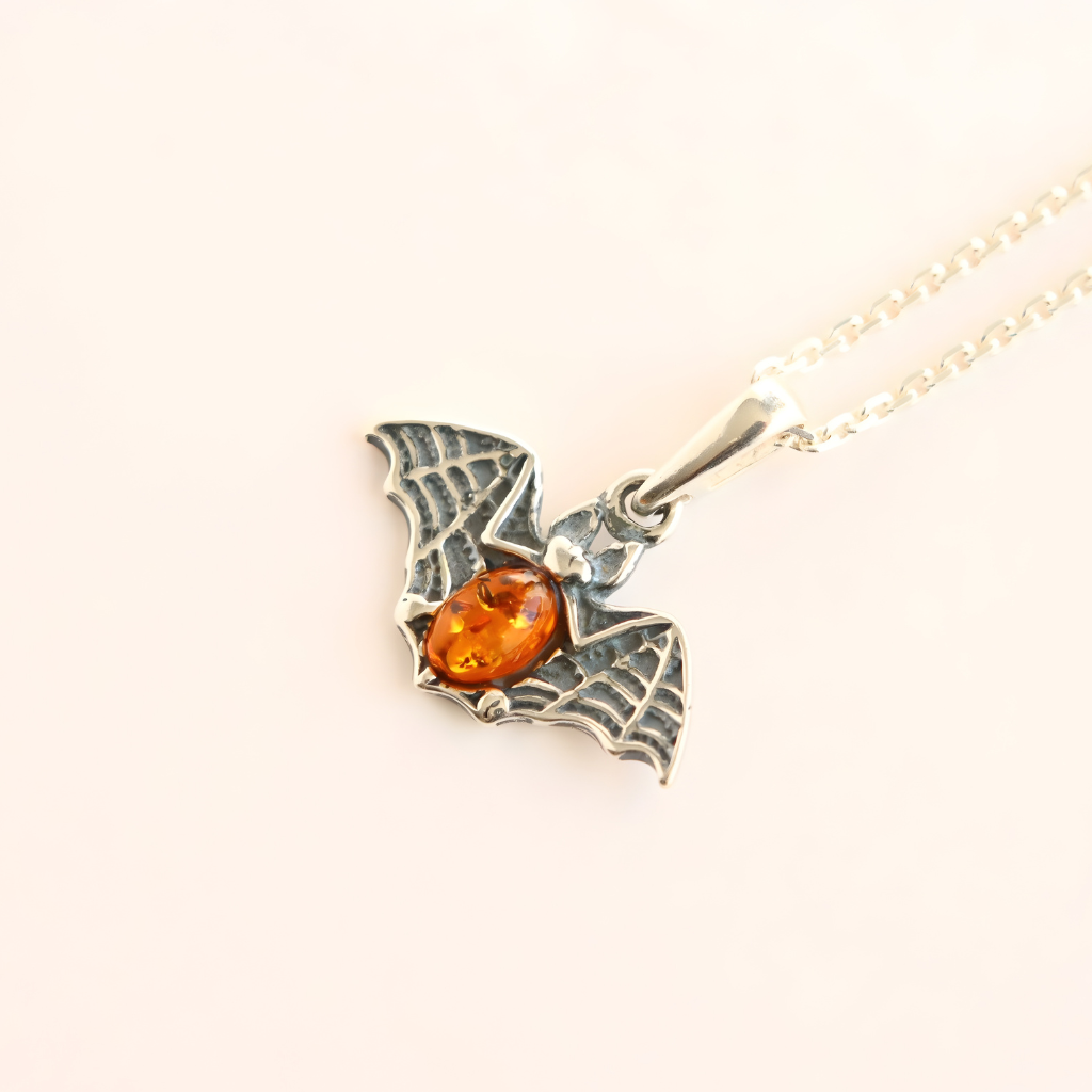 amber necklace with bat pendant amber stone on a white background