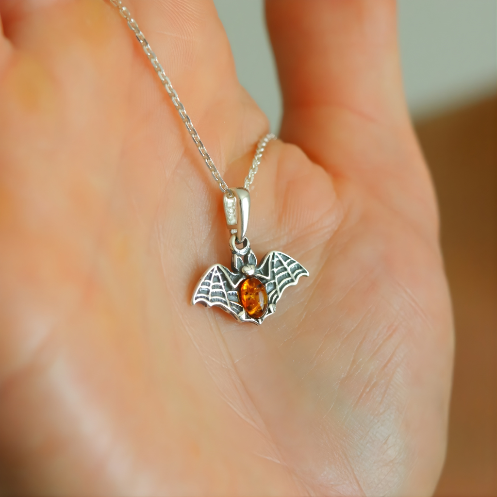 amber necklace with silver bat pendant  on a chain held in a hand.