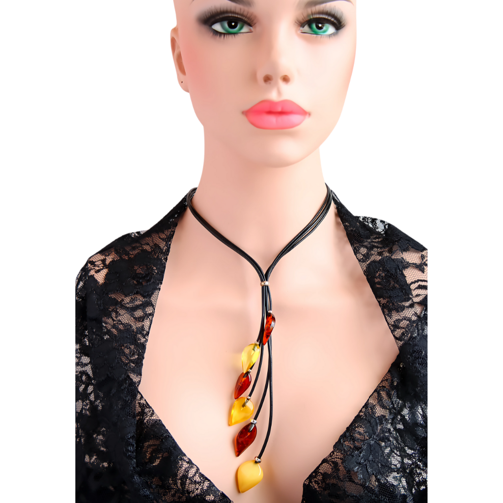 Natural Baltic multicolor amber necklace with lemon, butterscotch, and cognac stones on adjustable leather cords.