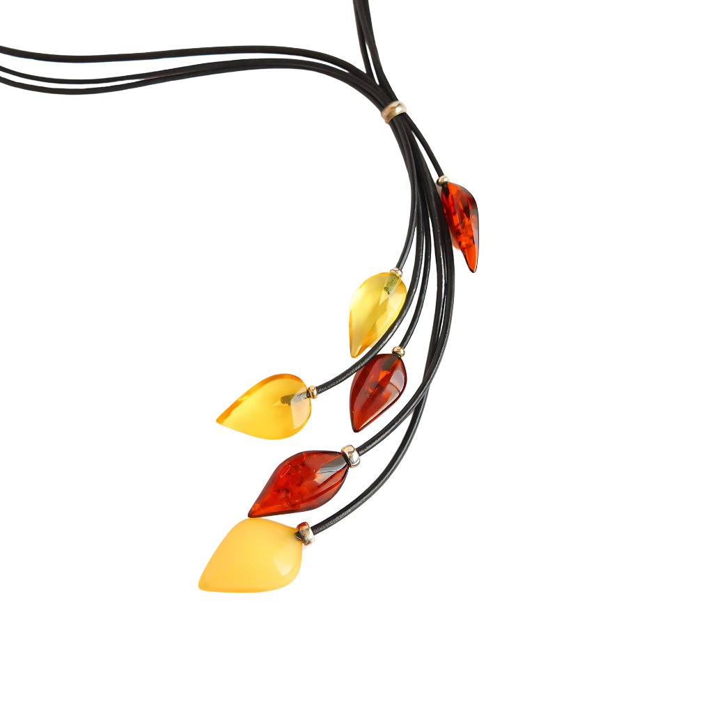 Natural Baltic multicolor amber necklace with lemon, butterscotch, and cognac stones on leather cords.