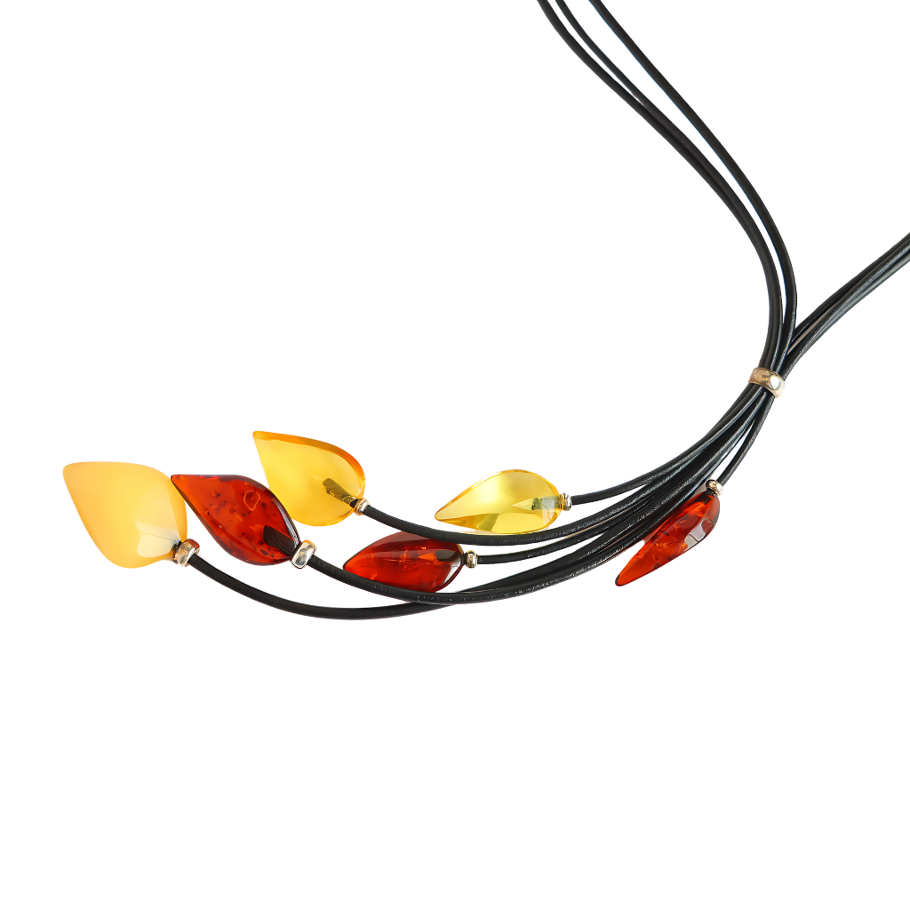 Natural Baltic multicolor amber necklace with lemon, butterscotch, and cognac stones on adjustable leather cords.