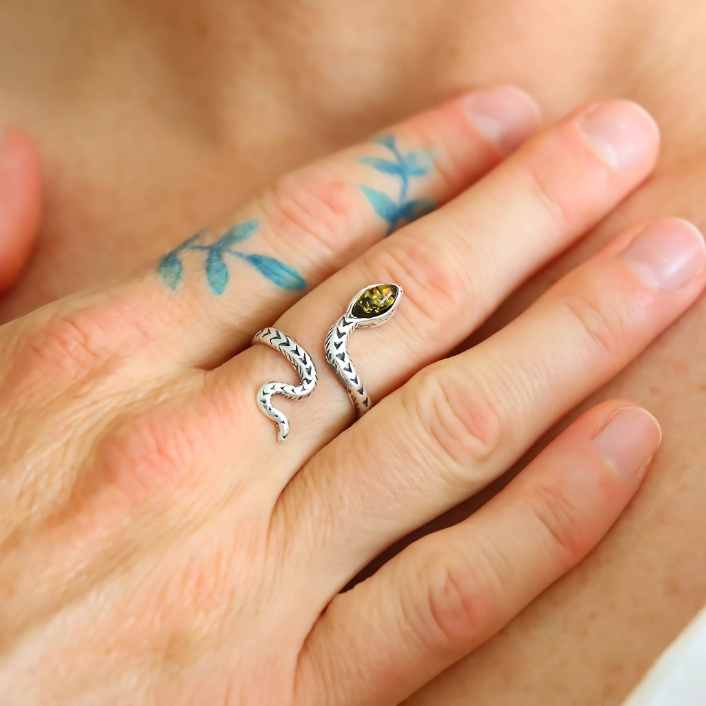 Amber Snake Ring in sterling silver