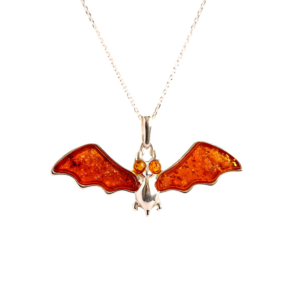 Baltic Amber Bat necklace in 925 Sterling Silver with Cognac Amber Wings.