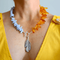 Boho Necklace with Amber, Blue Lace Agate & Feather Pendant