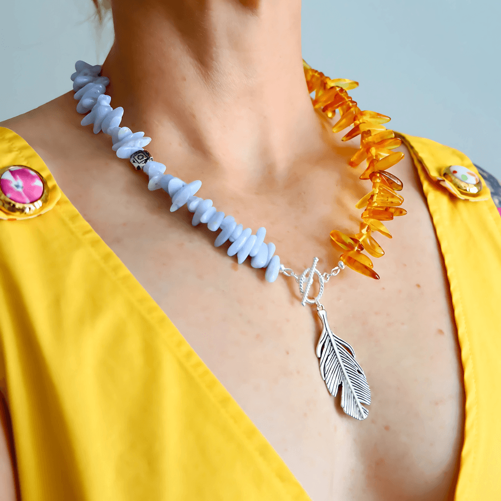 Boho Necklace with Amber, Blue Lace Agate & Feather Pendant