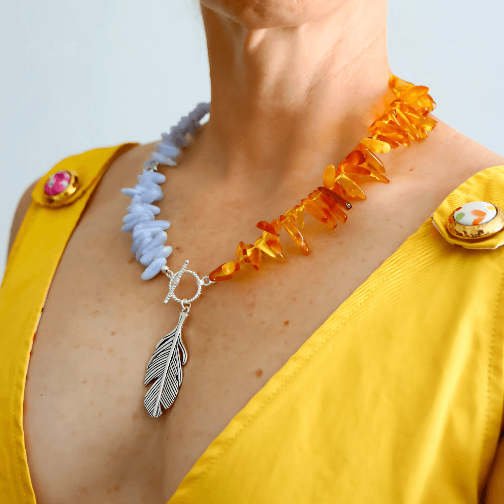Boho Necklace with Amber, Blue Lace Agate & Feather Pendant