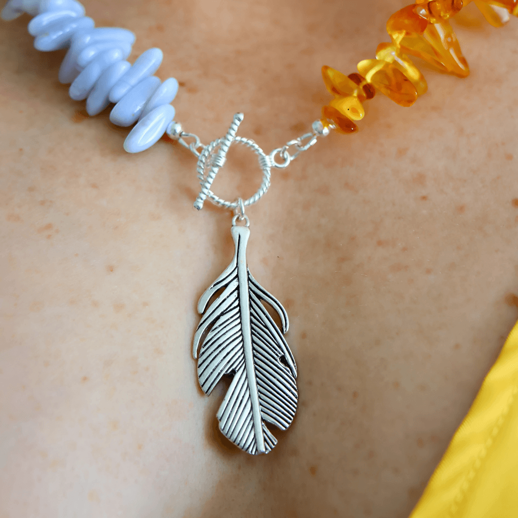 Boho Necklace with Amber, Blue Lace Agate & Feather Pendant