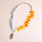 Boho Necklace with Amber, Blue Lace Agate & Feather Pendant