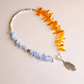 Boho Necklace with Amber, Blue Lace Agate & Feather Pendant