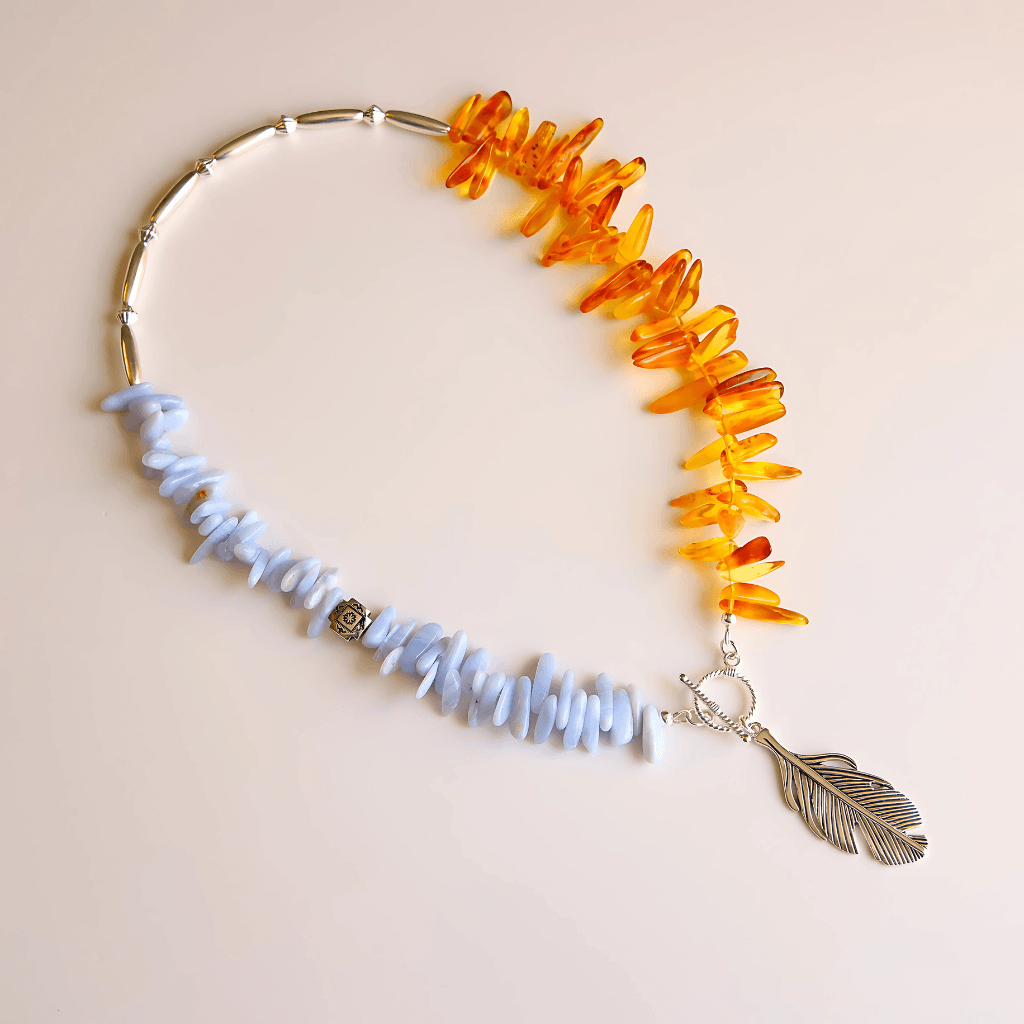 Boho Necklace with Amber, Blue Lace Agate & Feather Pendant