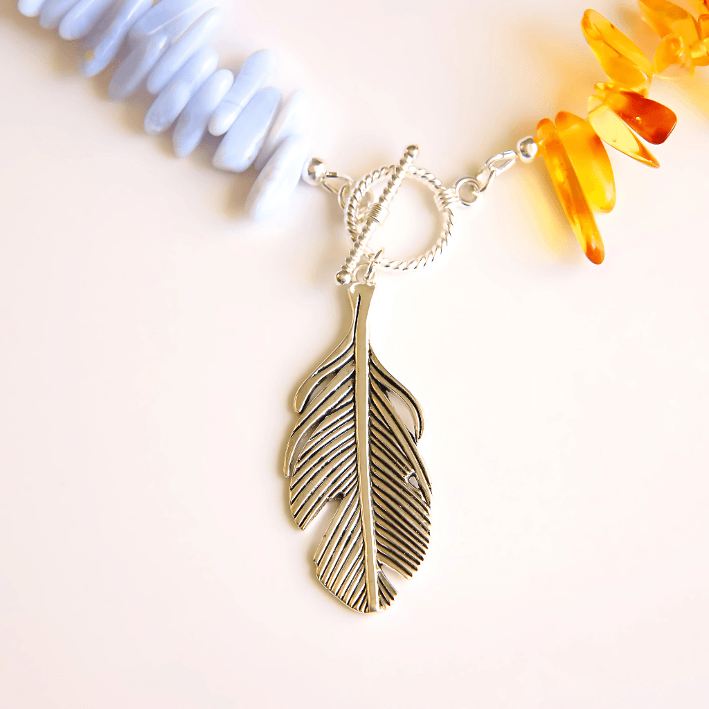 Boho Necklace with Amber, Blue Lace Agate & Feather Pendant