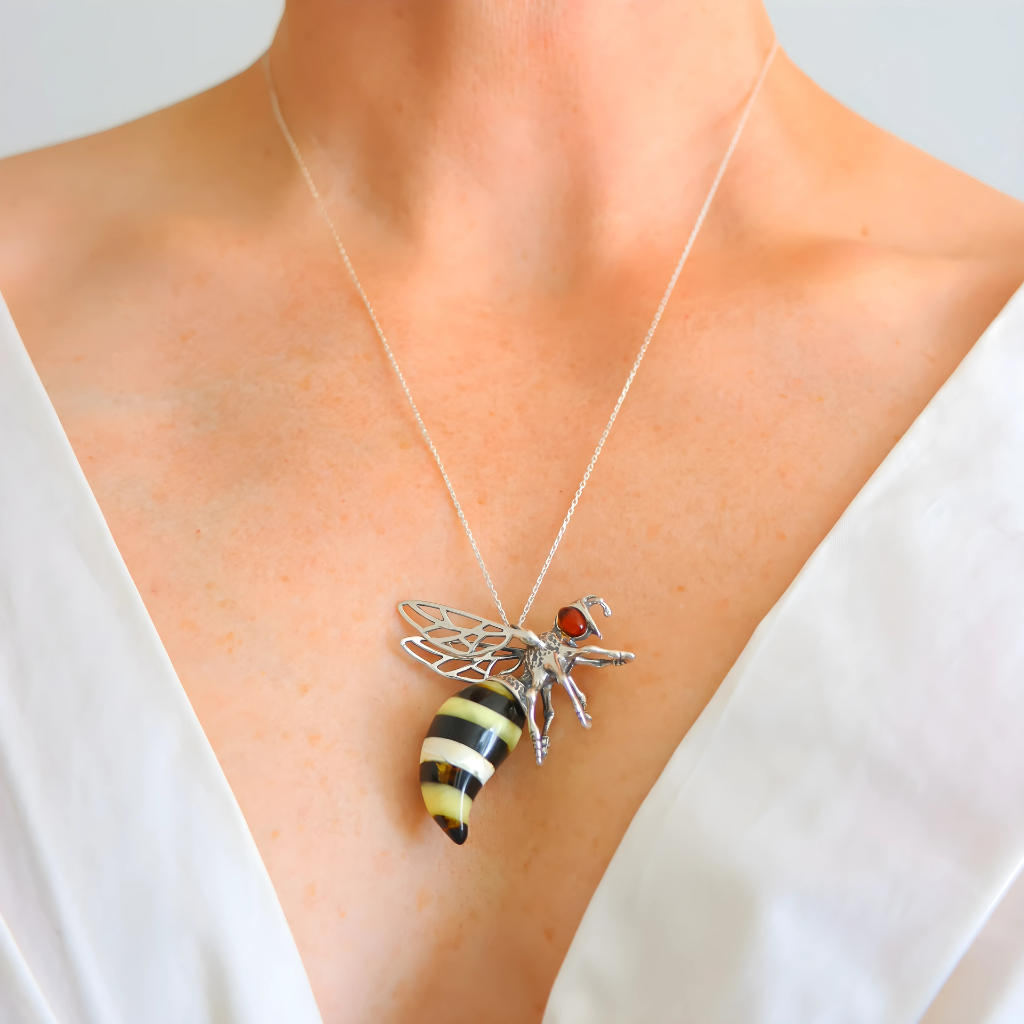 Baltic Amber Bumble Bee Pendant – Large Sterling Silver Necklace - Jūratė Amber
