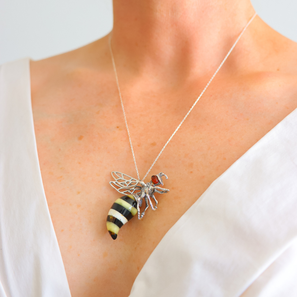 Baltic Amber Bumble Bee Pendant – Large Sterling Silver Necklace - Jūratė Amber