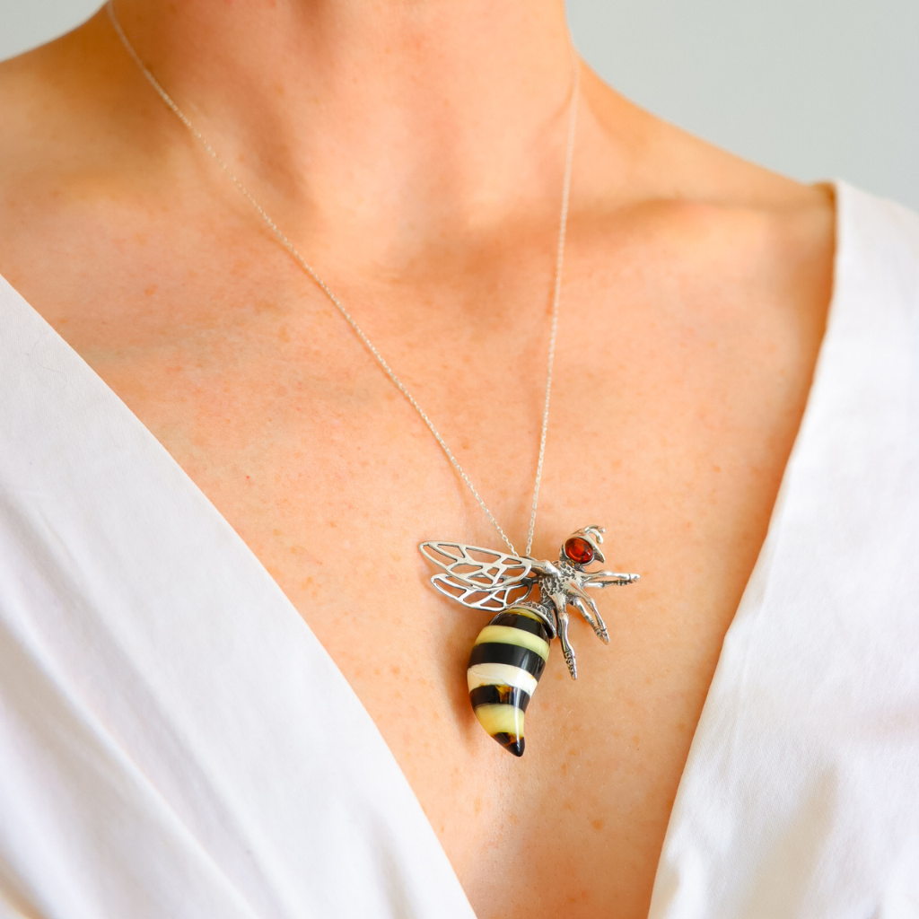 Baltic Amber Bumble Bee Pendant – Large Sterling Silver Necklace - Jūratė Amber