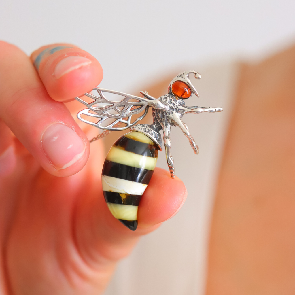 Baltic Amber Bumble Bee Pendant – Large Sterling Silver Necklace - Jūratė Amber