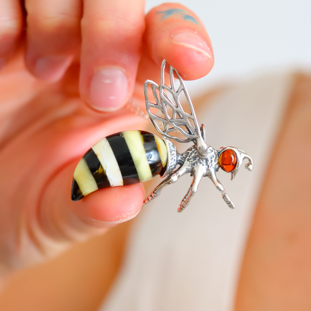 Baltic Amber Bumble Bee Pendant – Large Sterling Silver Necklace - Jūratė Amber