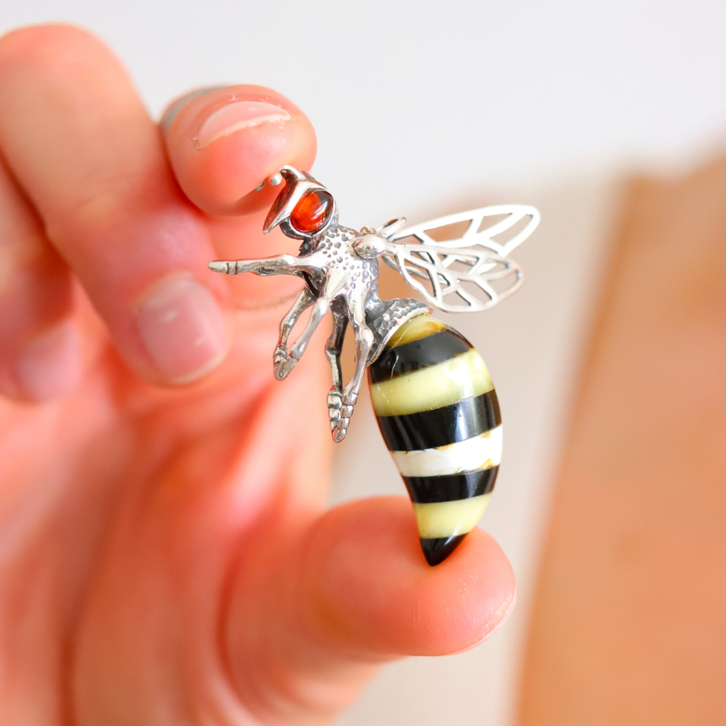Baltic Amber Bumble Bee Pendant – Large Sterling Silver Necklace - Jūratė Amber