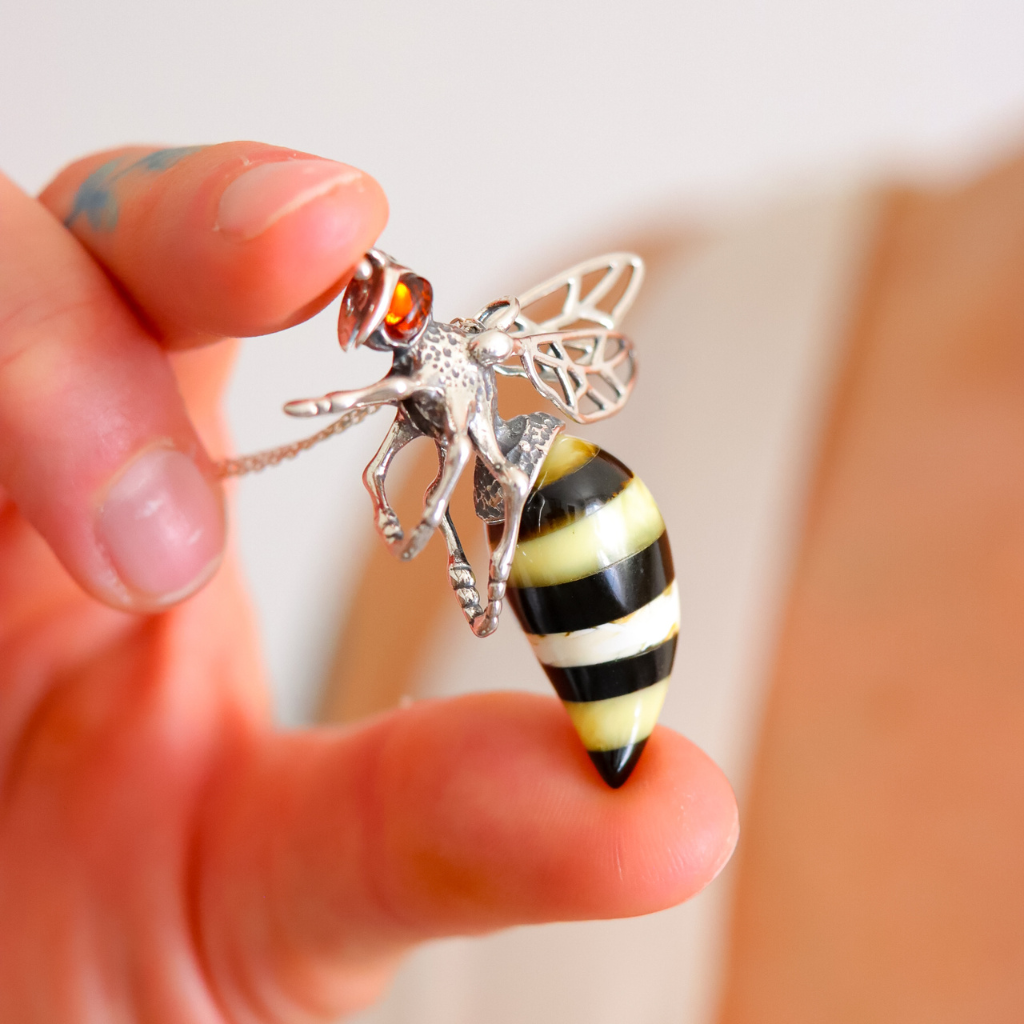 Baltic Amber Bumble Bee Pendant – Large Sterling Silver Necklace - Jūratė Amber