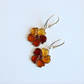 Pair of floral-shaped amber earrings on a light blue background