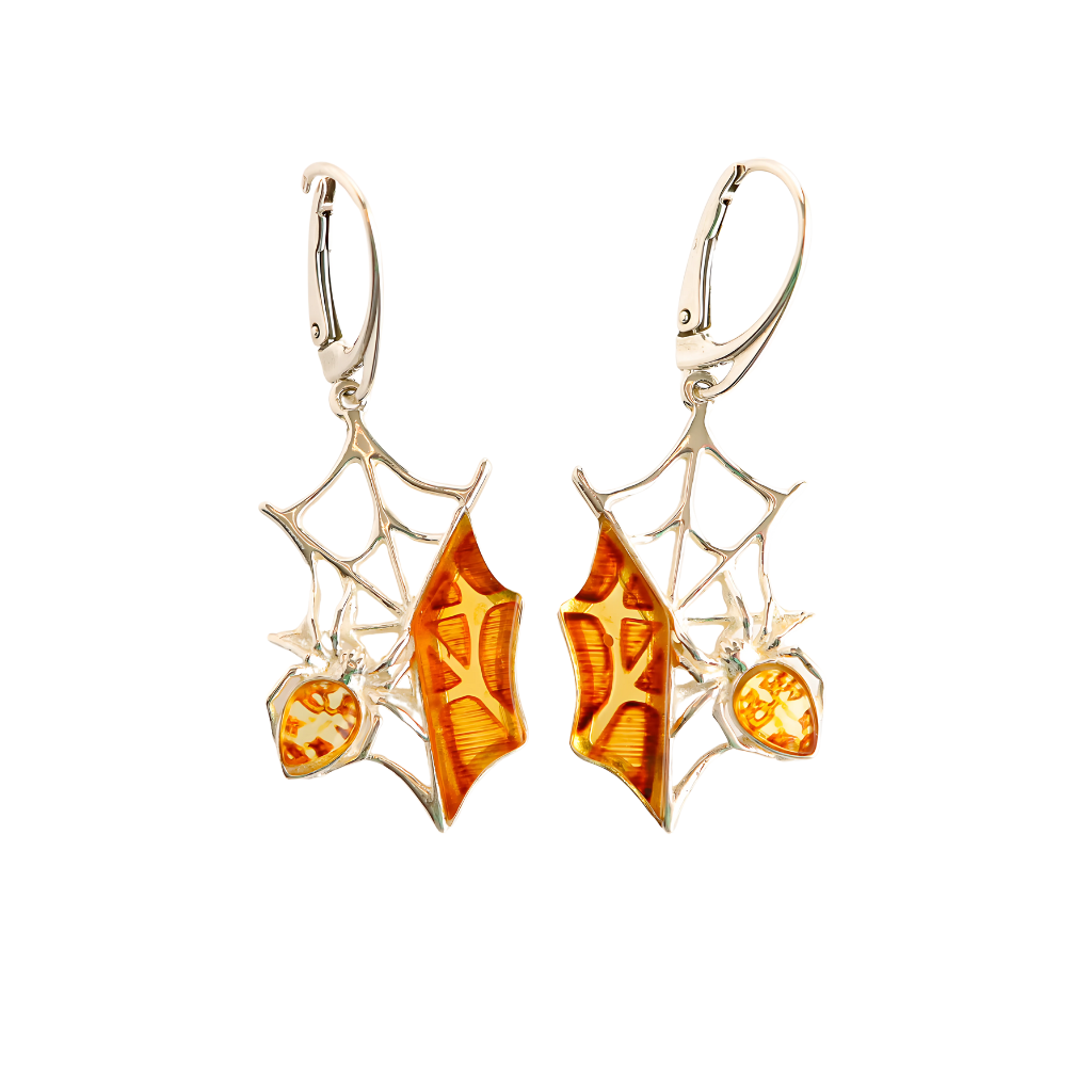 Baltic amber spiderweb dangle earrings in 925 sterling silver, handcrafted design.