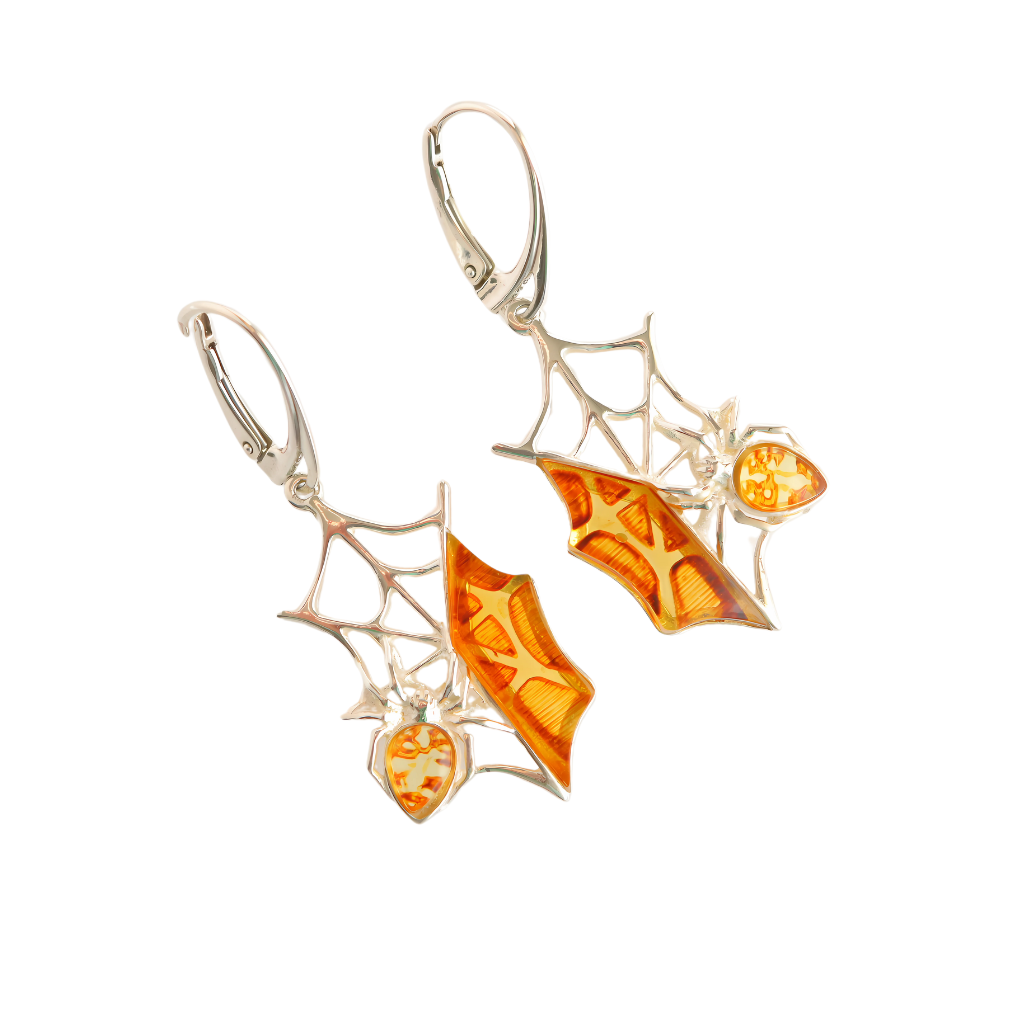 Baltic Amber Handmade Spiderweb Dangle Earrings in 925 Sterling Silver, featuring intricate amber and silver design.