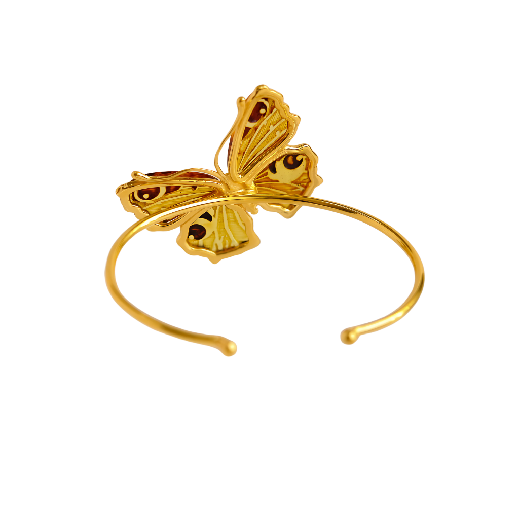 Baltic Amber Laser Cut Gold Butterfly Bracelet in 14k Gold Plated s925, showcasing a monarch butterfly design.