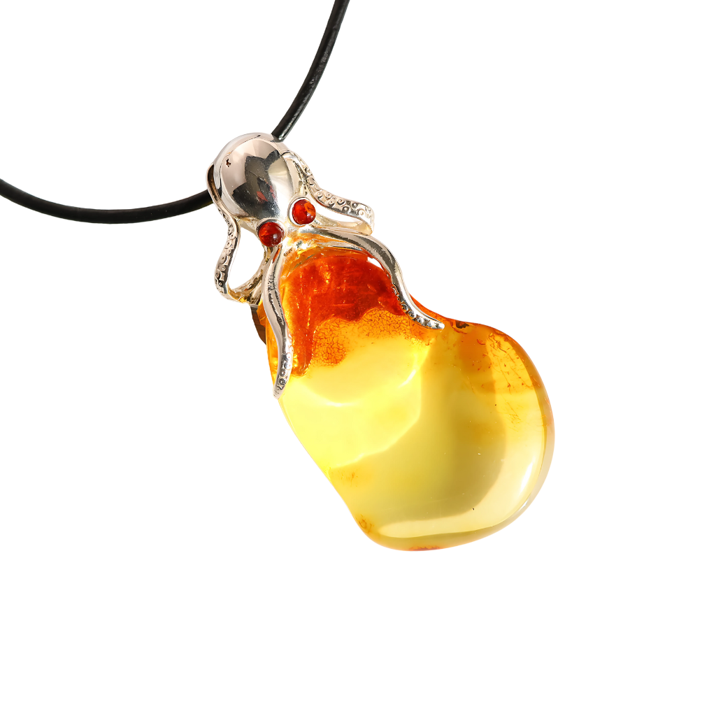Baltic Amber Octopus Pendant Necklace in Sterling Silver with Ombre Coloring on Leather Cord