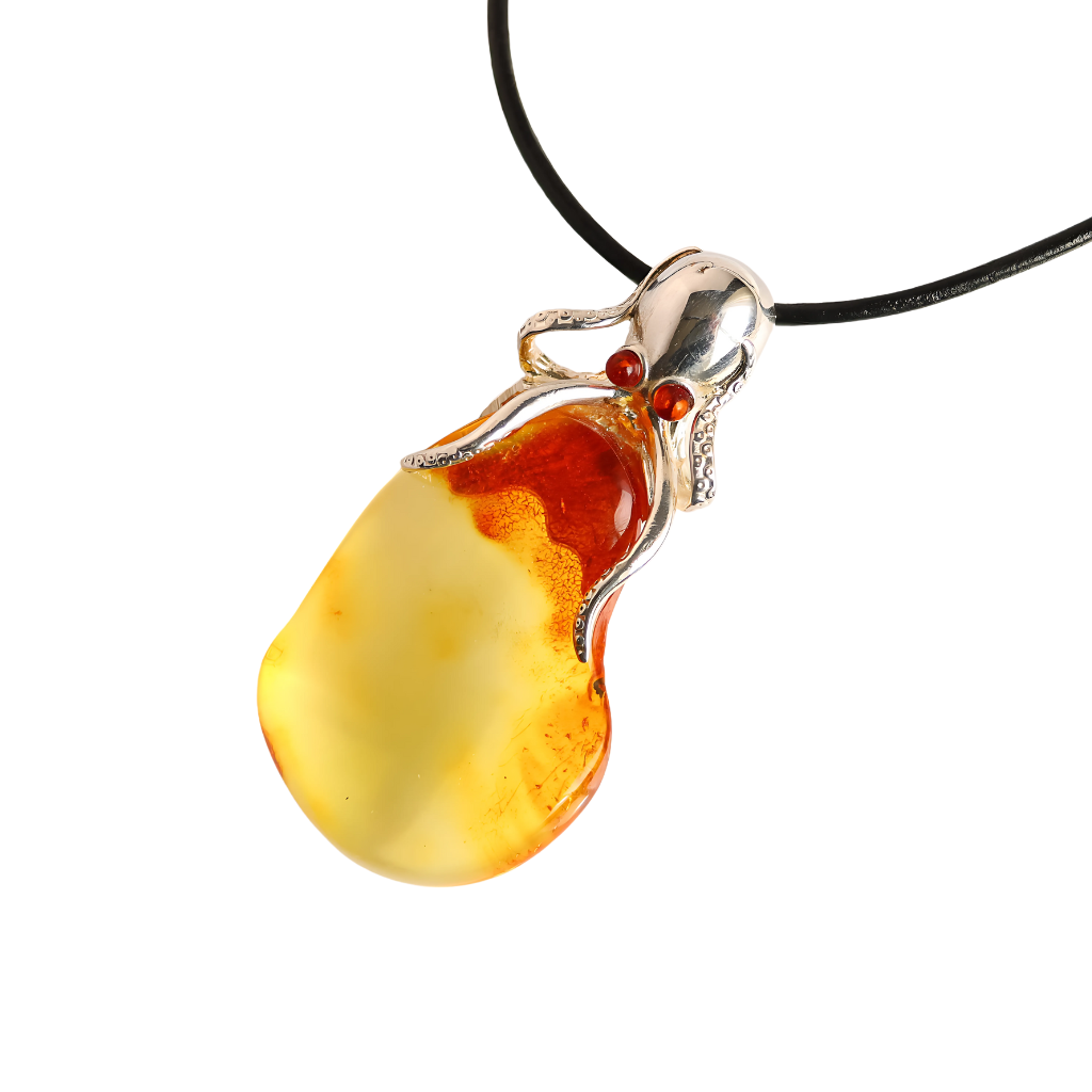 Baltic Amber Octopus Pendant Necklace in 925 Sterling Silver on Leather Cord.
