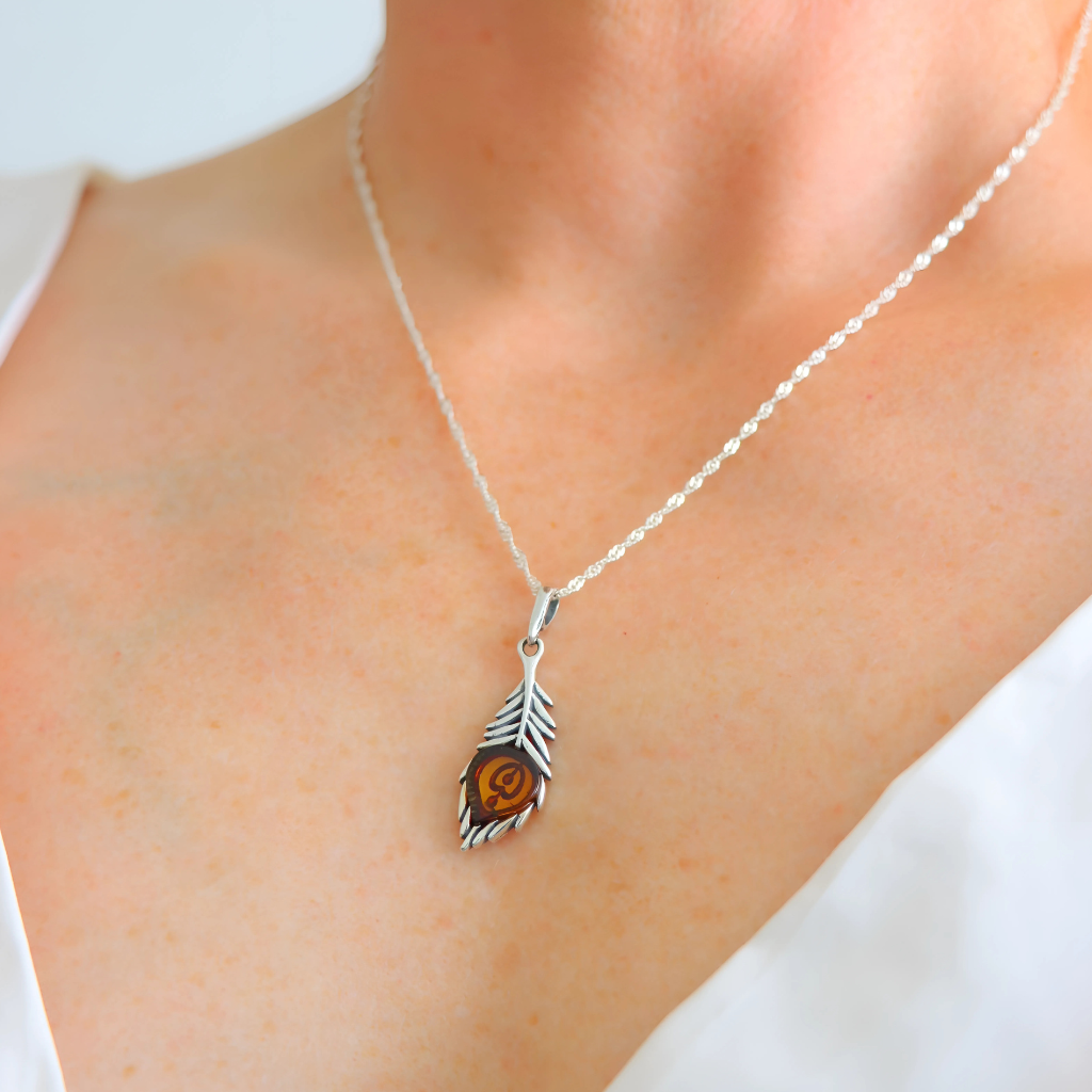 silver feather amber necklace