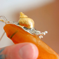 statement necklace with a gold snail shell and orange stone held by a hand.