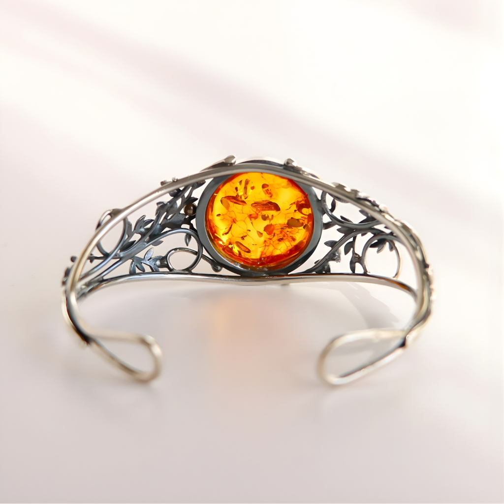 sterling Silver bracelet with a round amber stone on a light background