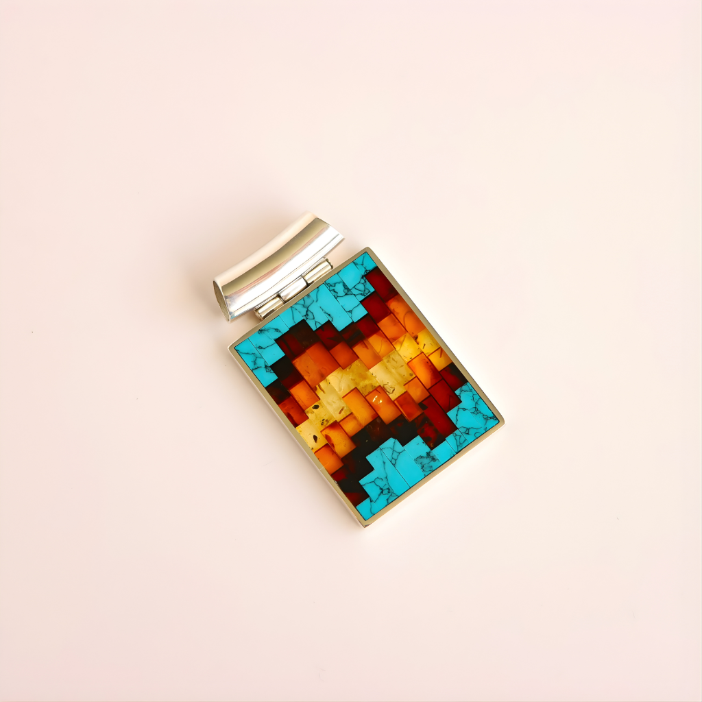 Colorful mosaic turquoise pendant necklace on a beige background