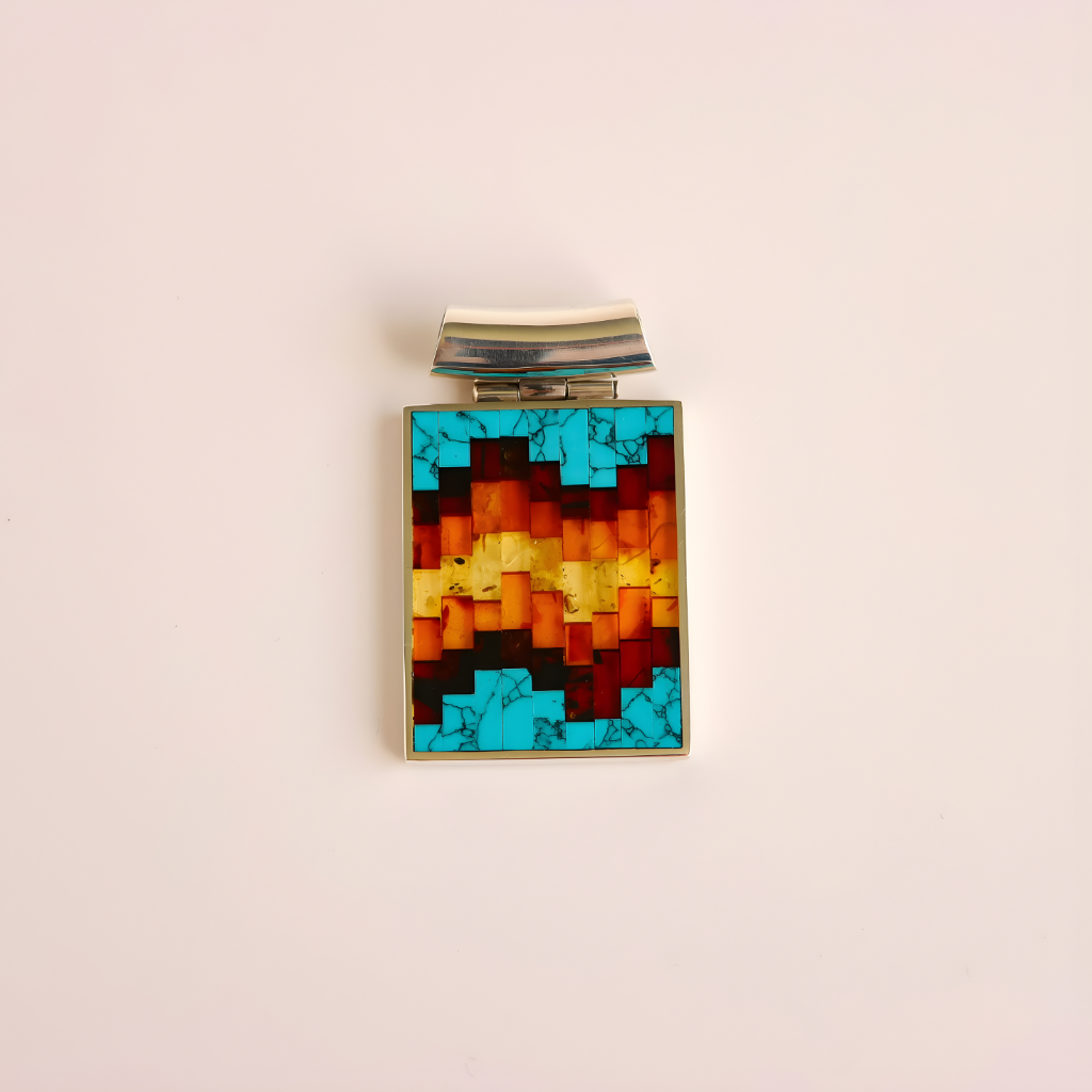 Colorful pixelated turquoise pendant necklace on a beige background