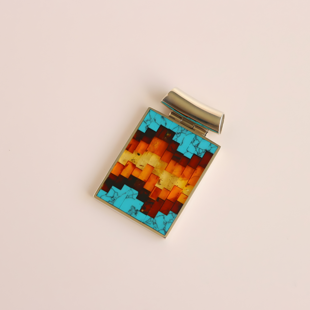 Multicolored geometric turquoise pendant necklace on a beige background