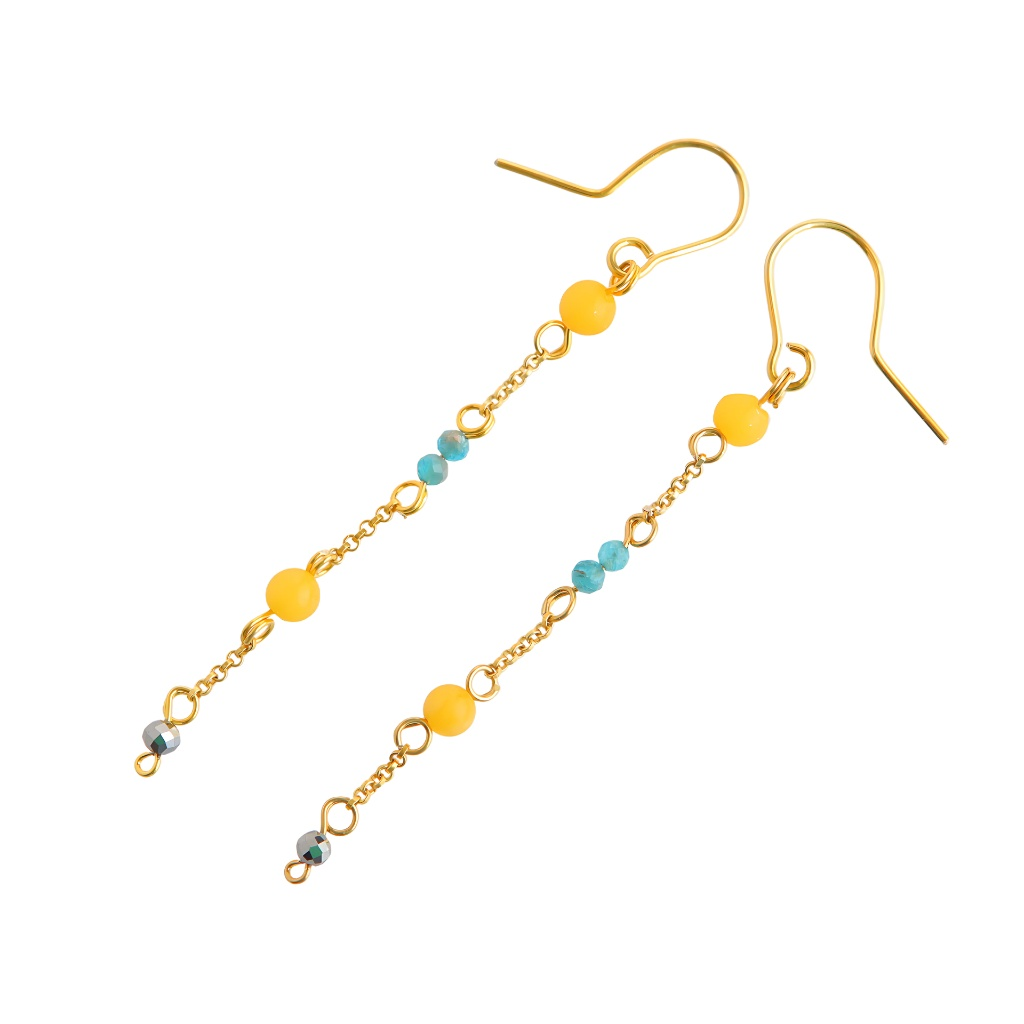 Baltic Butterscotch Amber earrings-chain design with blue beads on 14k gold-plated S925 base.