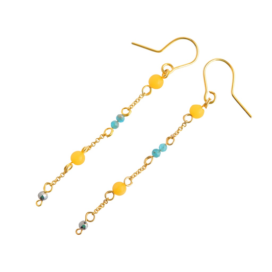 Baltic Butterscotch Amber earrings-chain design with blue beads on 14k gold-plated S925 base.