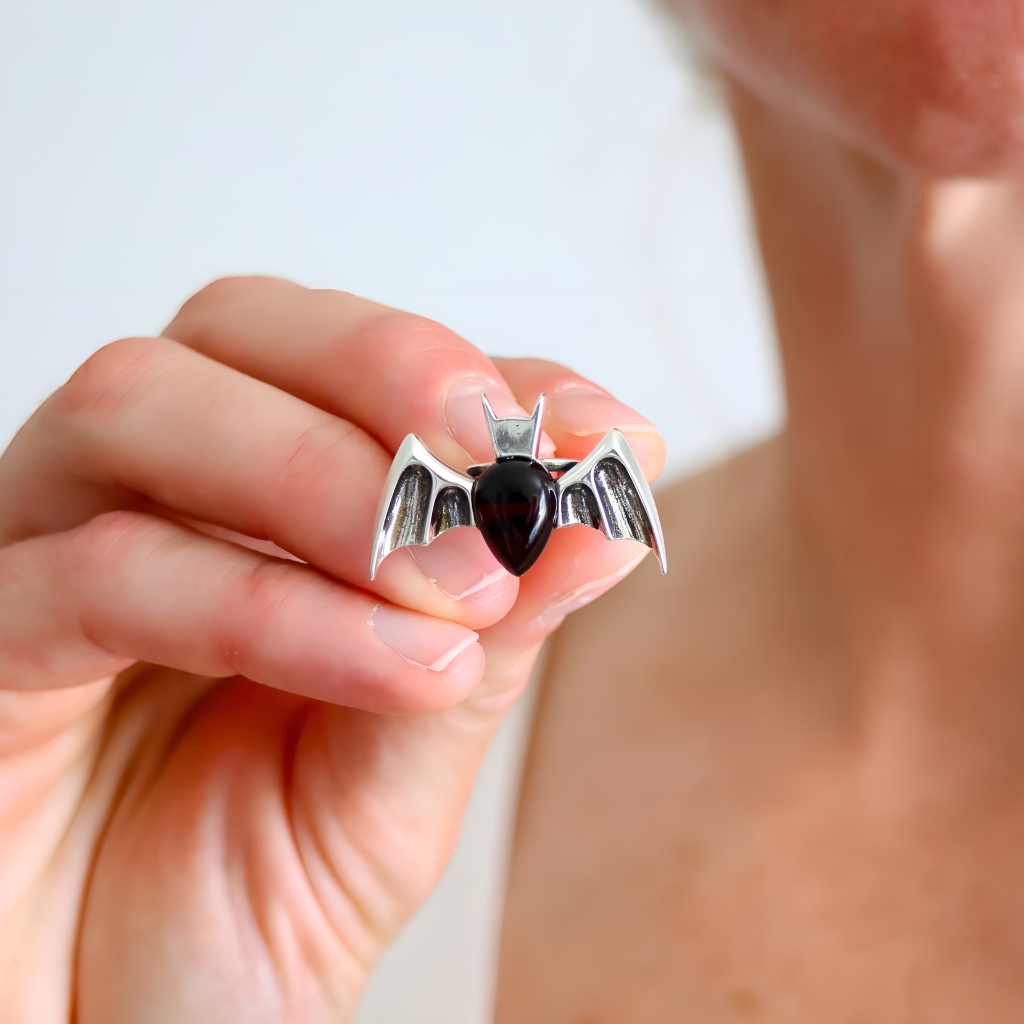 Amber Bat Ring – Baltic Cherry Amber Gothic Sterling Silver Jewelry