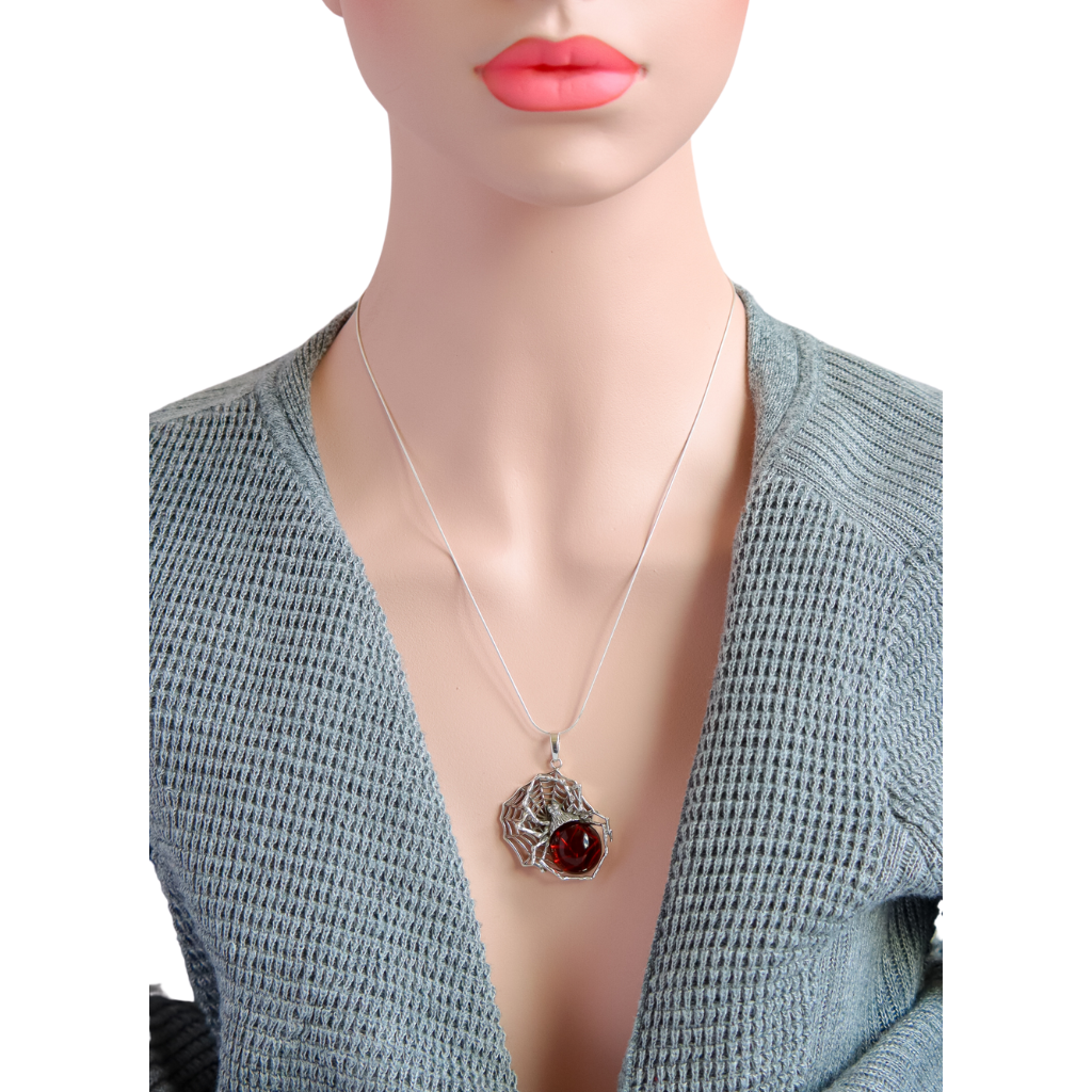 Baltic Cherry Amber Large Spider Pendant Necklace in 925 Sterling Silver - Jūratė Amber Pendant Necklaces  Jūratė Amber