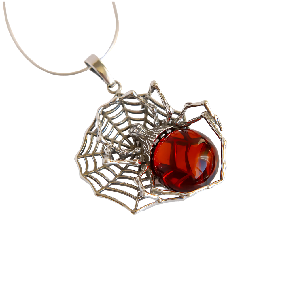 Baltic Cherry Amber Large Spider Pendant Necklace in 925 Sterling Silver - Jūratė Amber Pendant Necklaces  Jūratė Amber