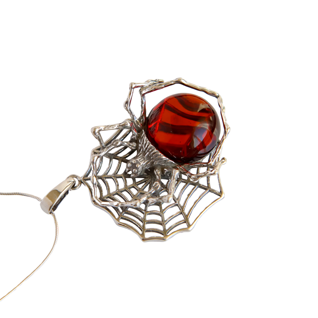 Baltic Cherry Amber Large Spider Pendant Necklace in 925 Sterling Silver - Jūratė Amber Pendant Necklaces  Jūratė Amber