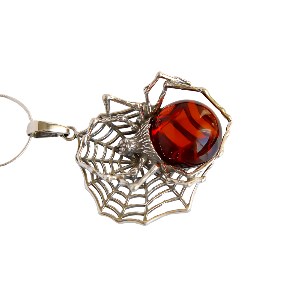 Baltic Cherry Amber Large Spider Pendant Necklace in 925 Sterling Silver - Jūratė Amber Pendant Necklaces  Jūratė Amber