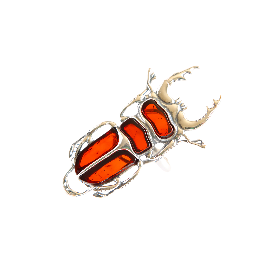 Baltic cherry amber scarab ring in 925 sterling silver, unique design, adjustable size.
