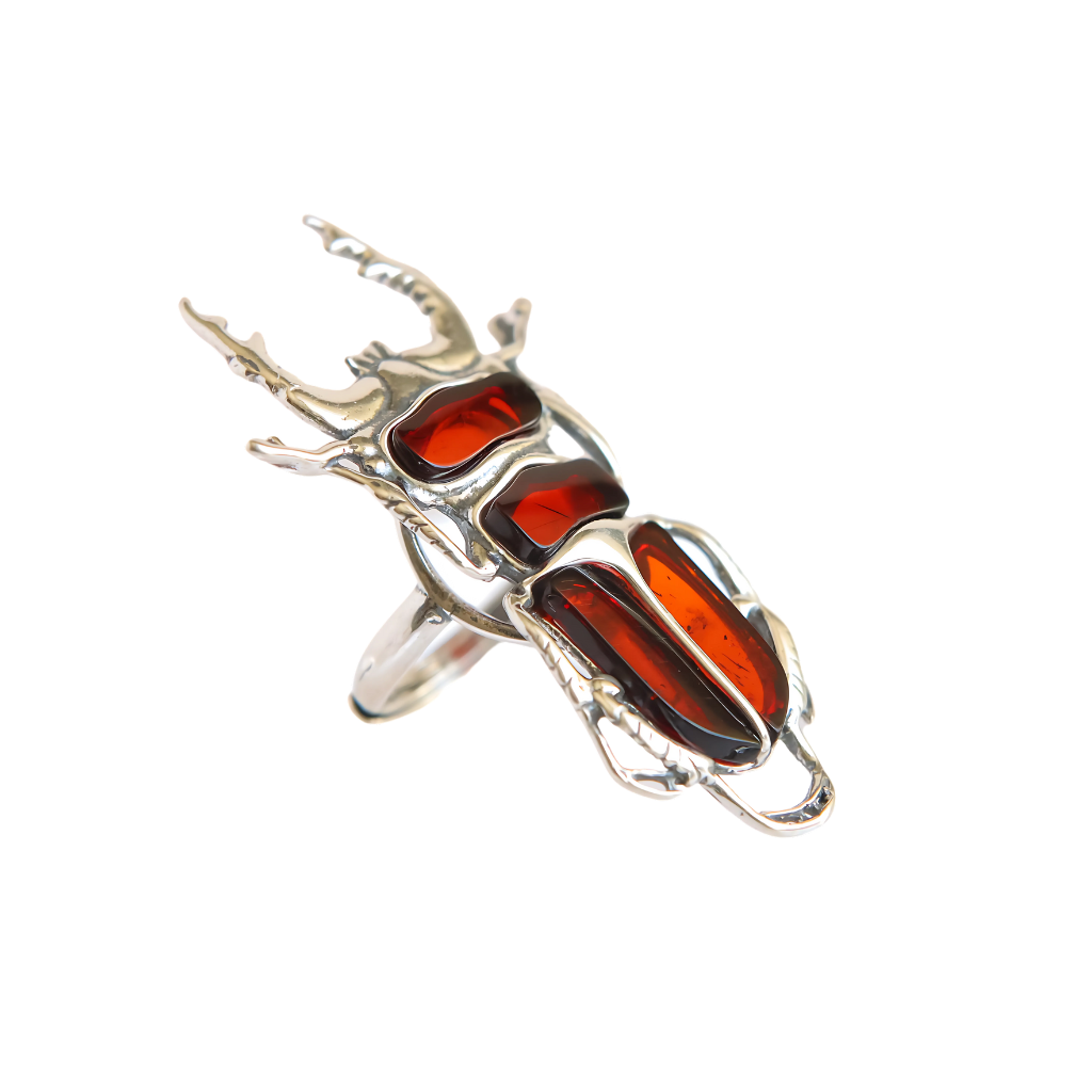 Baltic cherry amber scarab ring in 925 sterling silver.